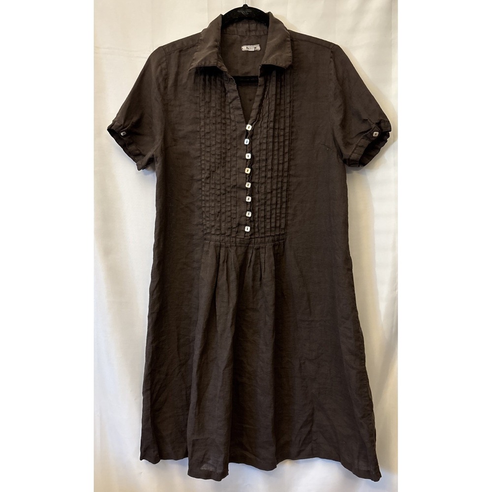 PURO LINO Women's 100% Linen Shirt Dress Resort Beachy Brown button Minimalist S